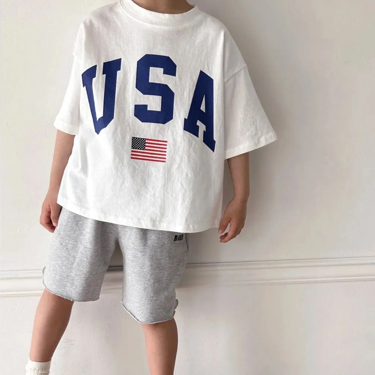 Korea Summer Kids Boys Girls Tee Oversized USA Print Short Sleeve T-Shirt Cotton Casual Tops Infant Outfit Toddler Clothes 6M-4Y