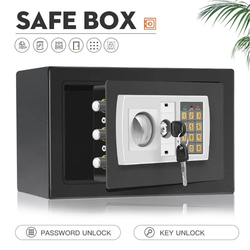 Digital Electronic Password Safe Box Anti-Theft Security Lockbox Cash Money Jewelry Storage Vault with Mechanical Key Home Office College Dorm Room Secret Safebox (No Battery)