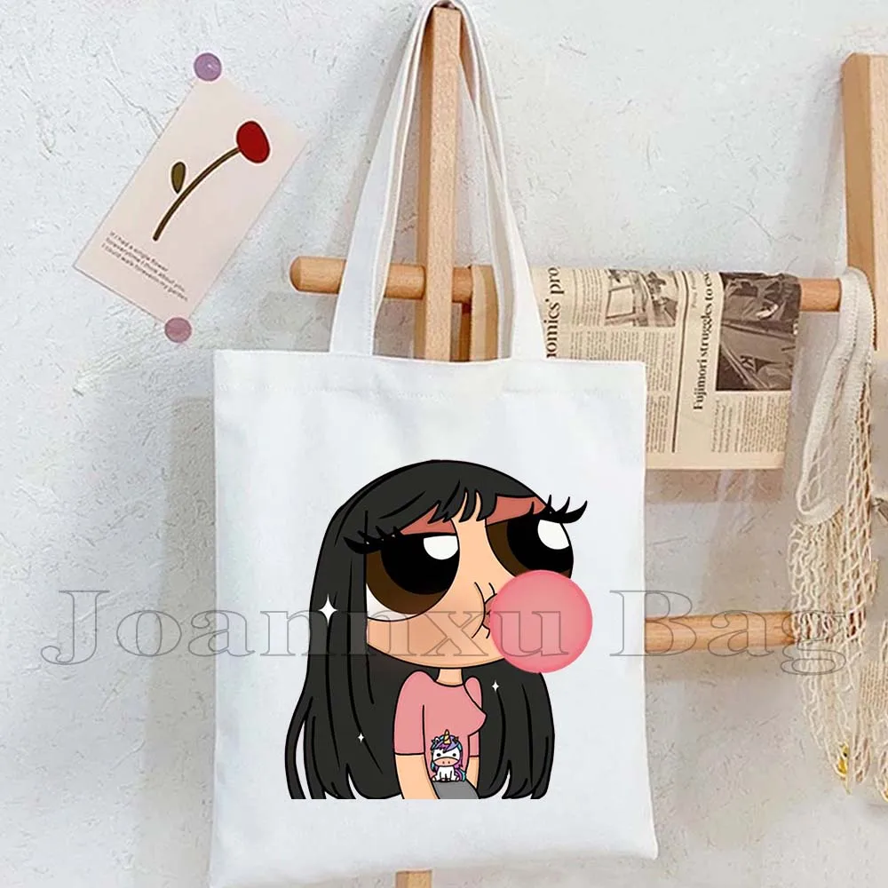Aesthetic Pink Powerpuff Canvas Shoulder Tote Bag Girls Cartoon Women Harajuku Shopper Reusable Cotton Foldable Shopping Handbag