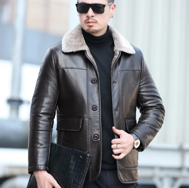 

X-838 Men's Autumn and Winter Sheepskin Casual Lapel Mid Length Business Leather Down Jacket Plus Size 5XL 6XL