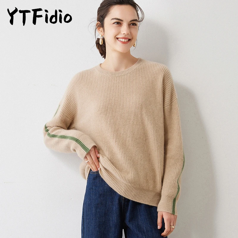 

YTFidio 100% Cashmere Women O-neck Vertical Bar Double Block Color Sweater Soft Warm Streetwear Loose Pullovers 26