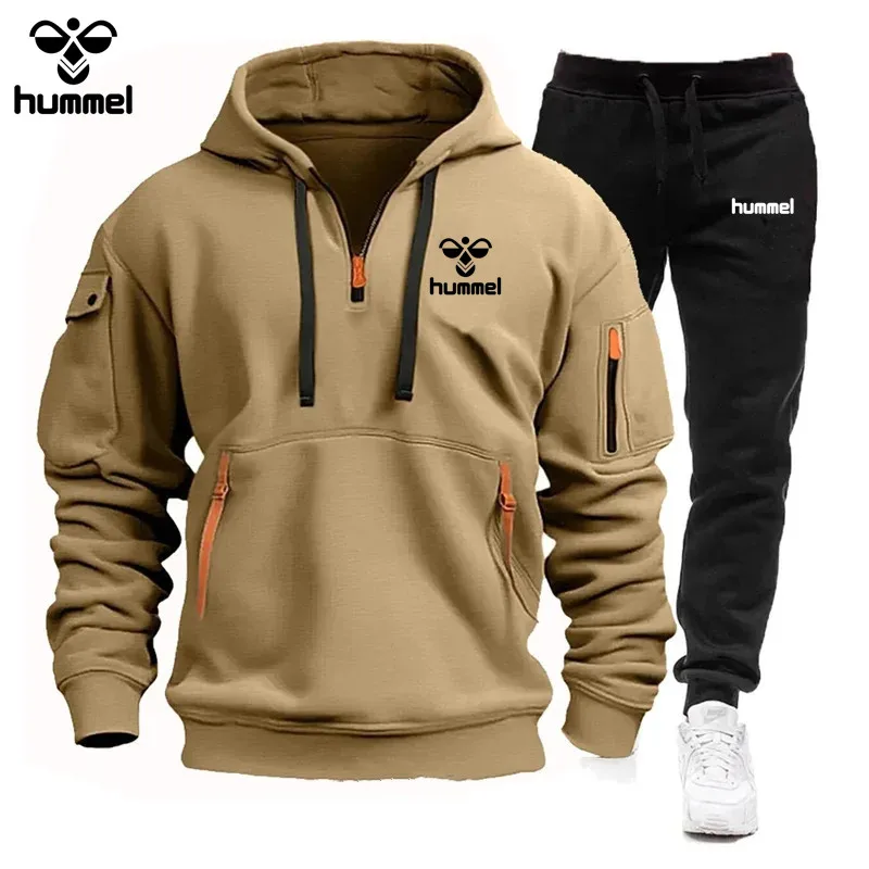 Brand HUMMEL Spring and Autumn Leisure Jogging Sportswear Suit Men\'s Brand-name Clothing Multi-pocket Zipper Hoodie + Sweatpants