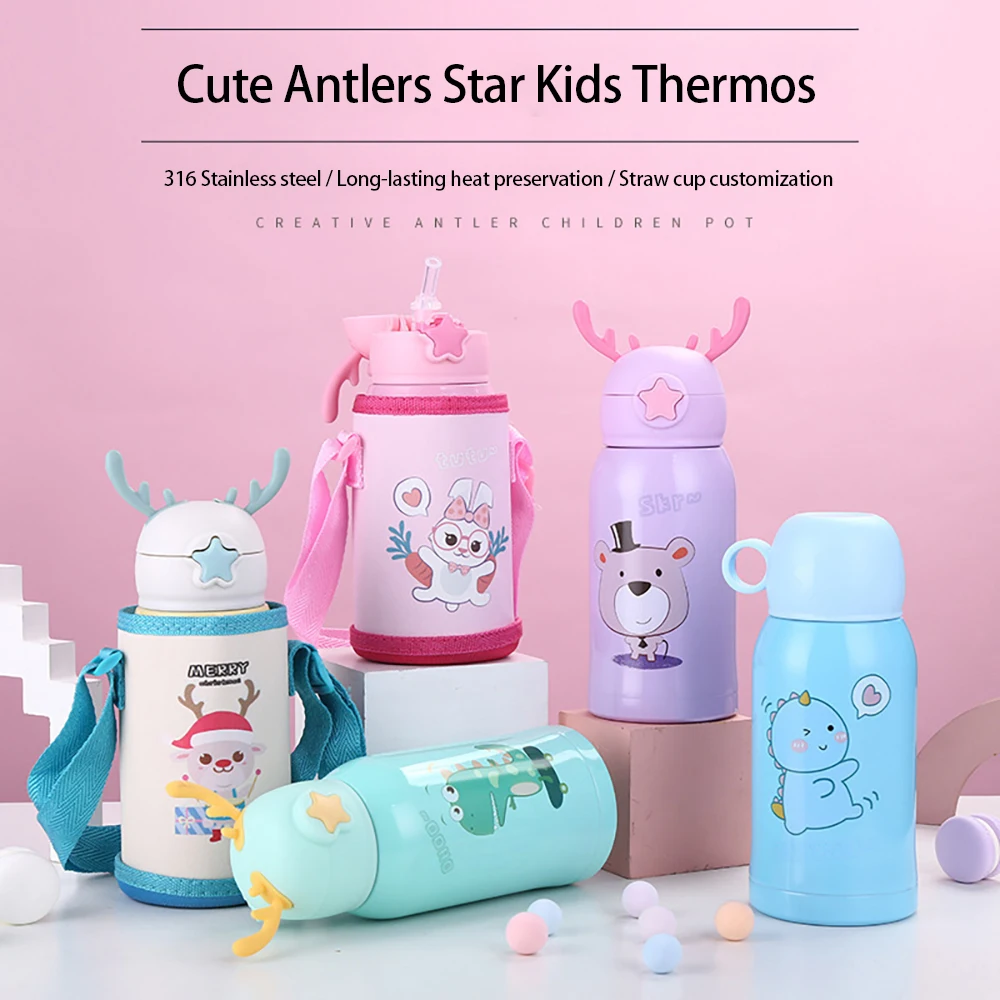 

YCALLEY Antler Stainless Steel Thermos Cup 500ML Bullet Jump Straw Cartoon Cute Water Bottle Stainless Steel Insulation Mug