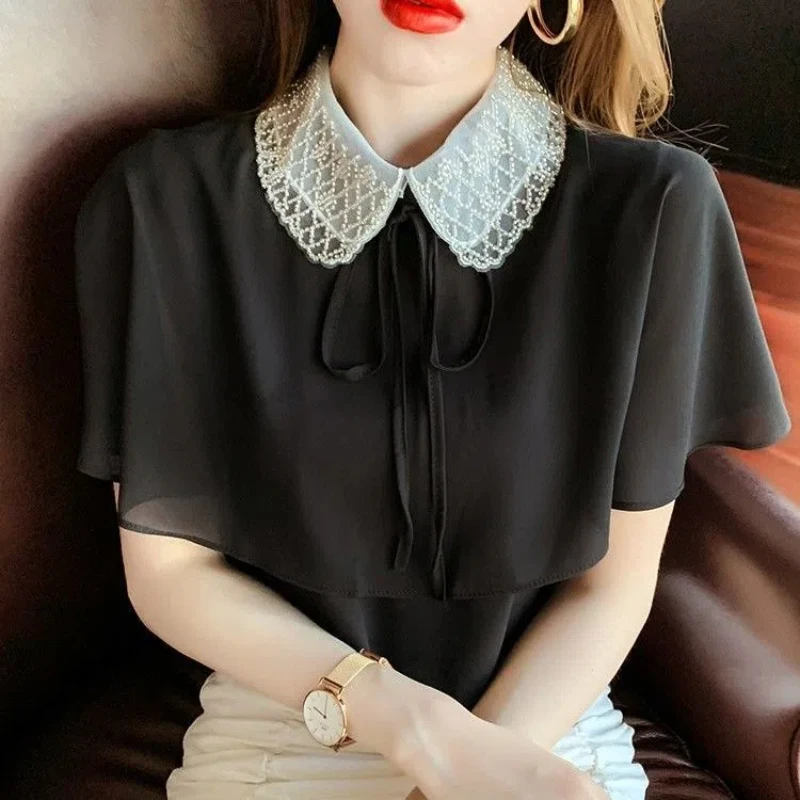 Temperament Lacing Solid Color Blouse Summer New Short Sleeve All-match Loose Office Shirt Tops Elegant Fashion Women Clothing