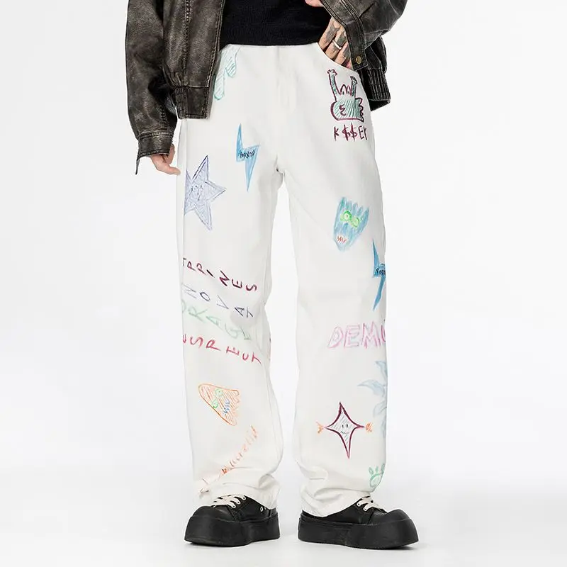 American Retro Graffiti Trendy Brand Printed Straight-Leg Versatile White Jeans Classic Trendy Oversized Men's Long Pants
