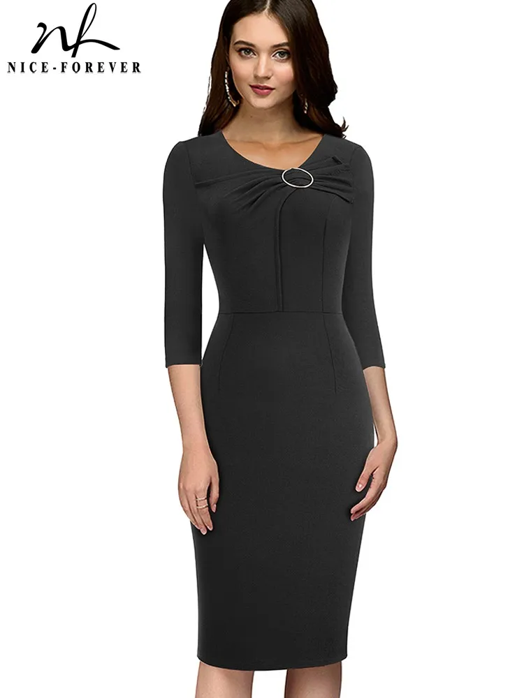 Nice-forever Autumn Women Elegant Work Plain Dresses Formal Business Elegant Bodycon Slim Dress btyB481