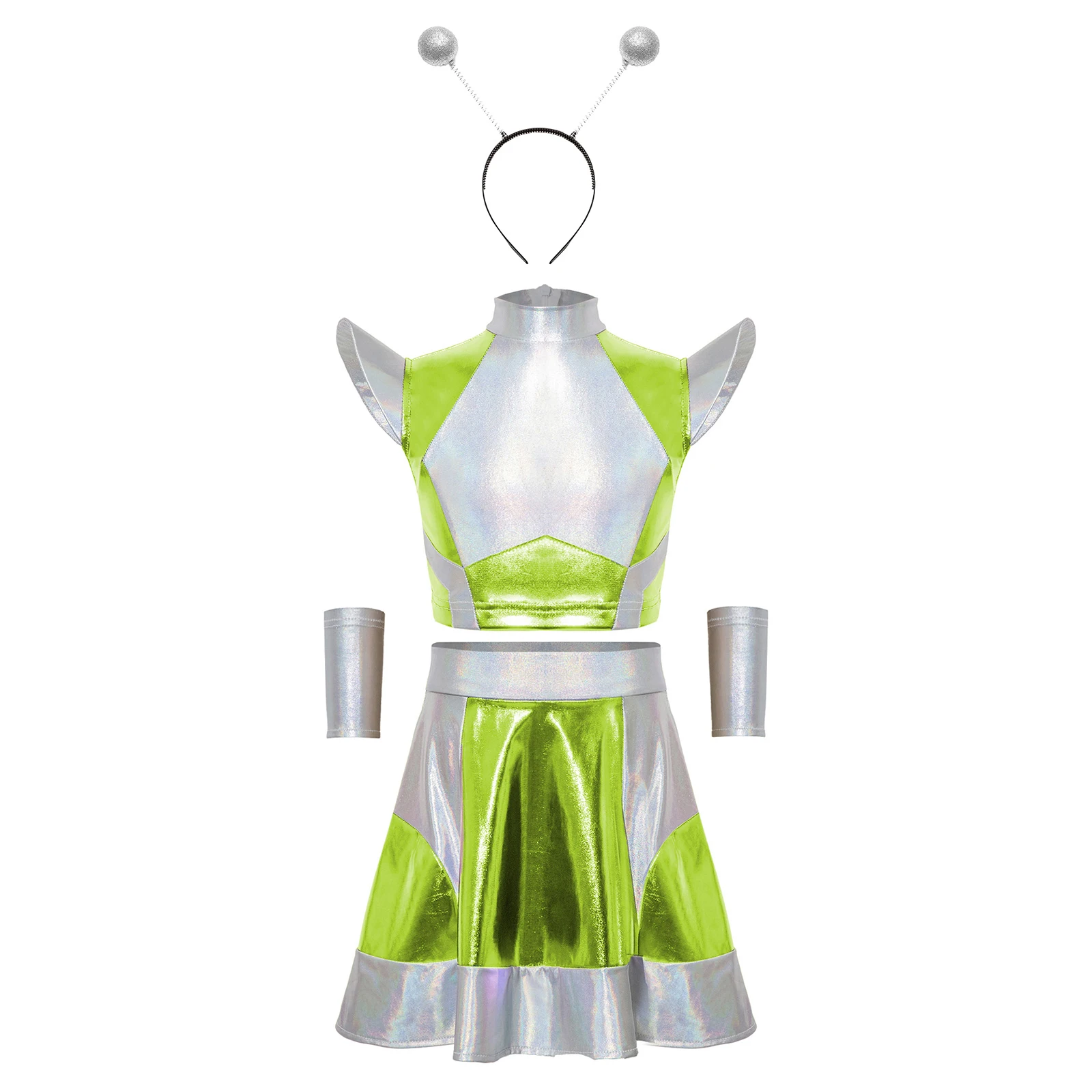 Disfraz de Astronauta Robot Alienígena Metálico Brillante para Niñas, Top Corto con Falda, Mangas y Diadema para Halloween