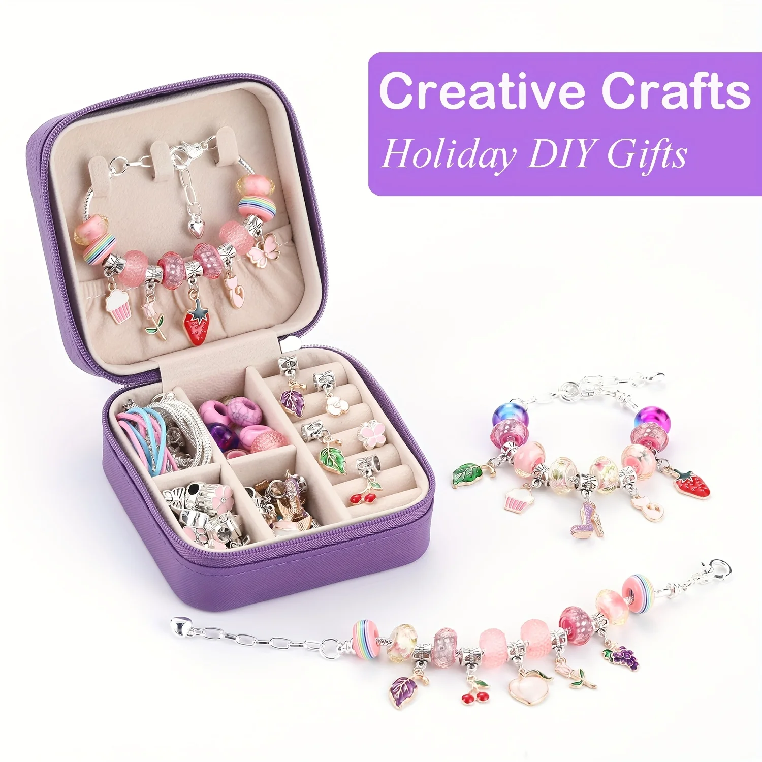 68Pcs Beading Kit with a Violet Jewelry Box- Pink Charms Bracelet Making Kit, DIY Beaded Bracelet Necklace Making Gift Box