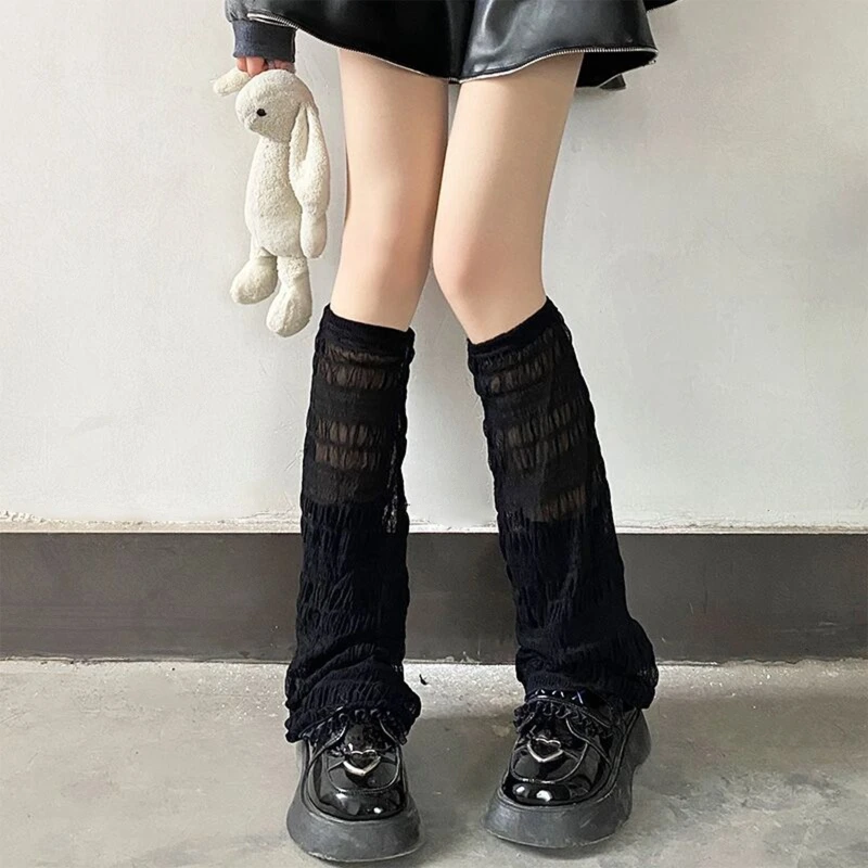 Women Japanese Summer Thin Leg Warmers Frill Trim Pleated Ruched Striped Wide Leg Flare Knee High Foot Cover Sock