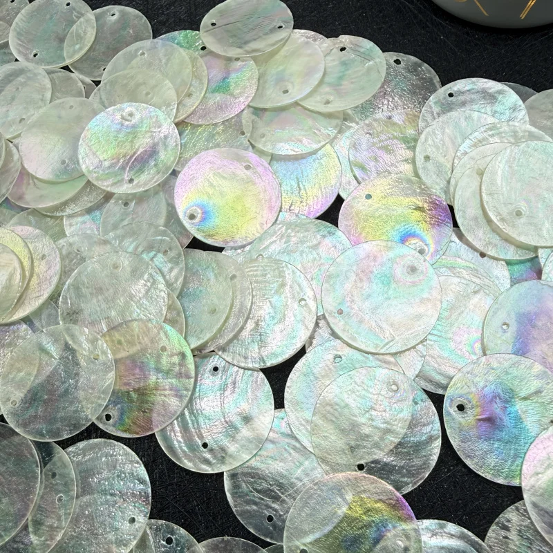 30pcs Flat Round Iridescent Natural Capiz Shell Pendant, Diameter 30mm, 2 Hole, Ocean Beach Hawaiian Style for Jewellery Making