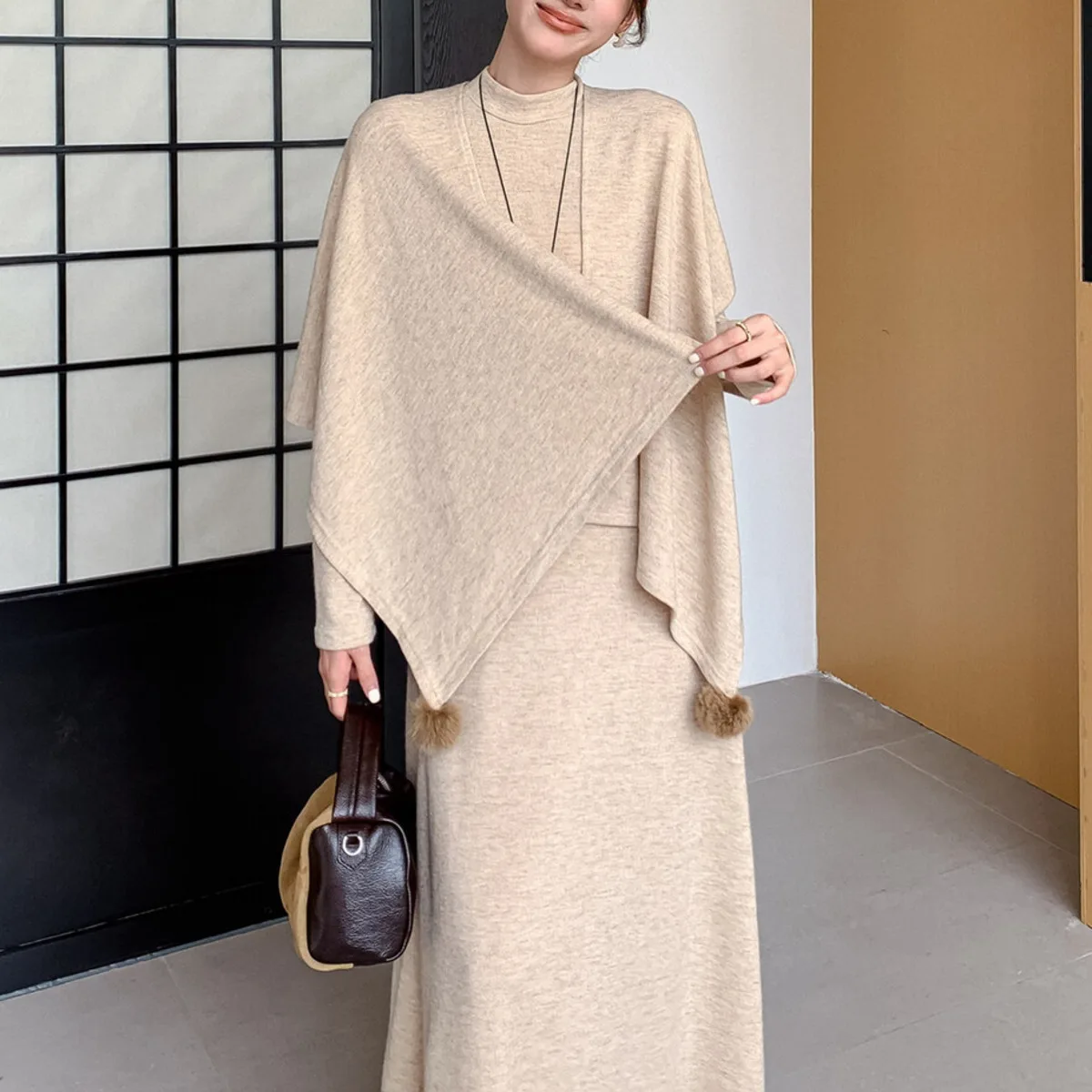 BJTZ Abito lavorato a maglia vintage da donna con pom pom design collo a scialle figura dimagrante lusinghiero manica lunga moda autunno inverno