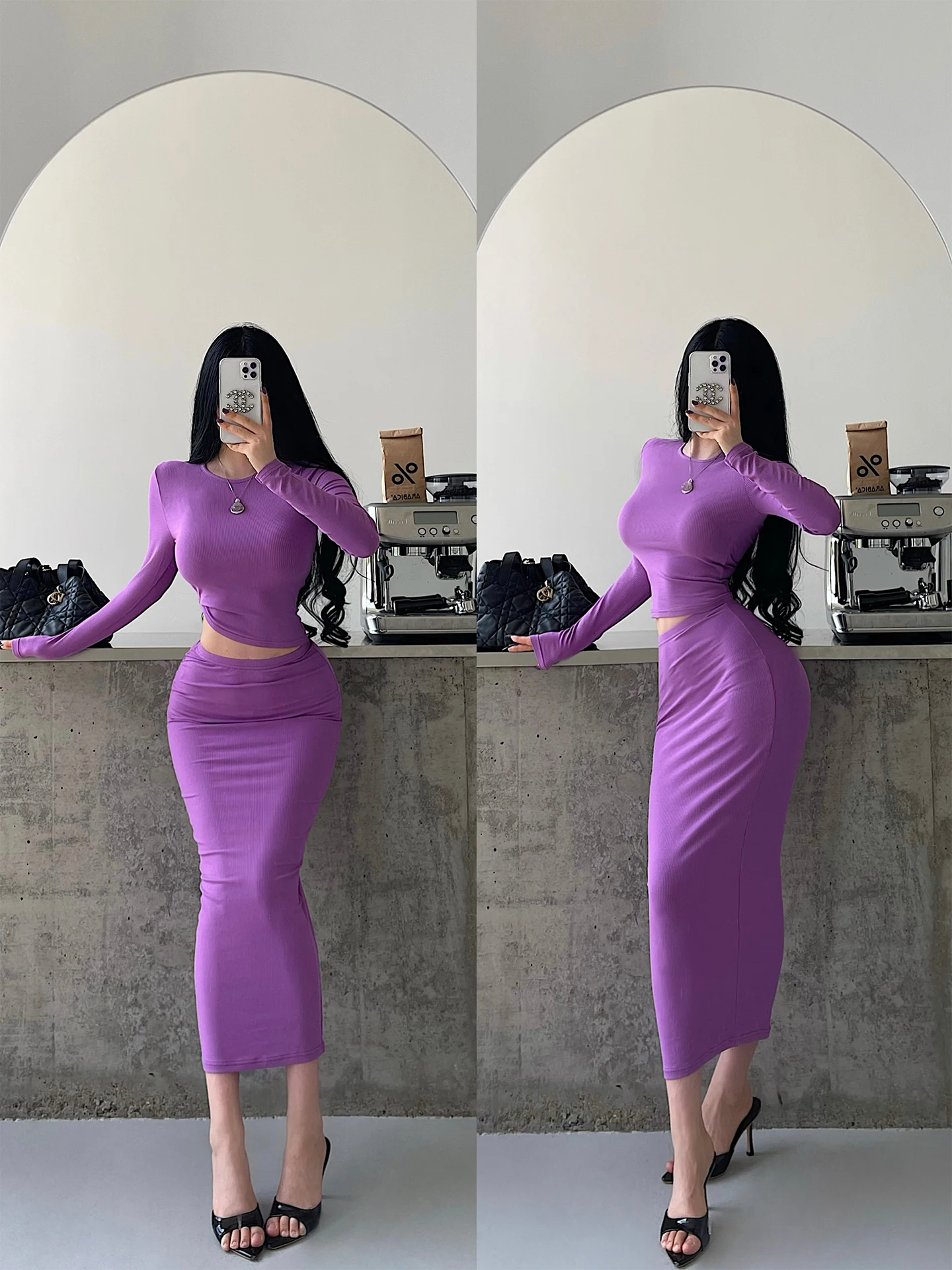 

Kardaian Basic Long Sve T-irt High Waist Midi Skirt Set Young Girl Day High Waist Sexy Sle Two-Piece Women's Faion...