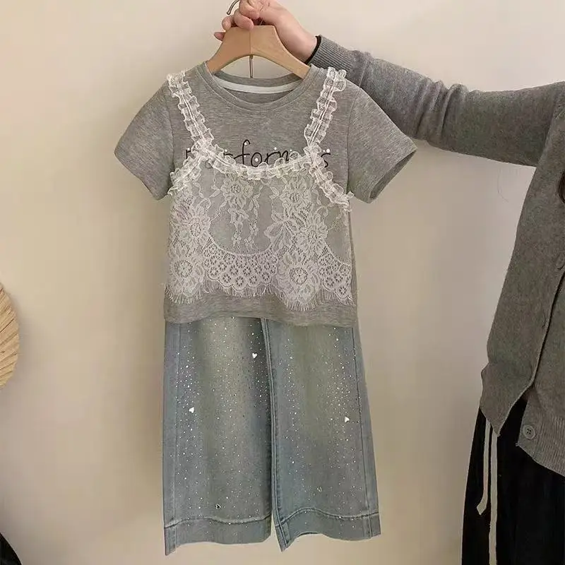 Girls' Summer Korean Edition Set Lace Fake Two piece Short sleeved T-shirt New Middle and Large Children's Loose Cowboy Pants 2