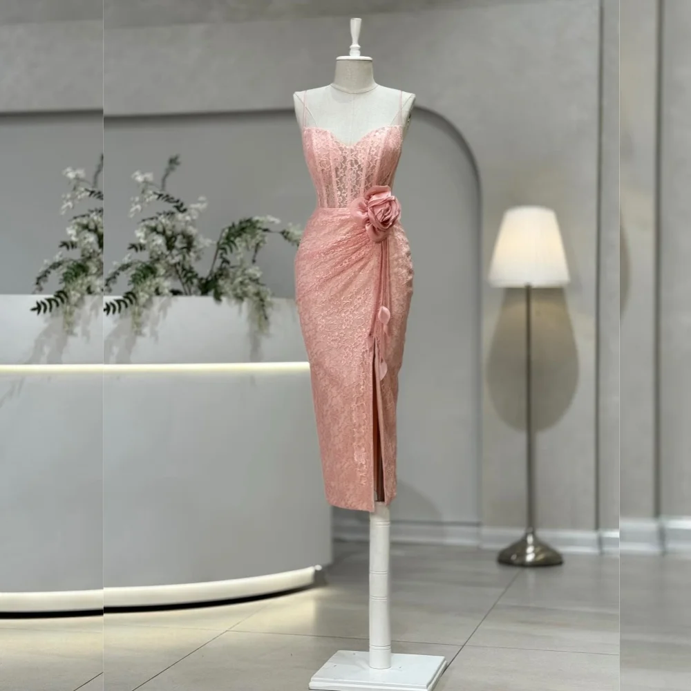 

Customized Lace Pleat Flowers Charming Pink Sheath Sweetheart Neck Midi Dresses Bespoke Occasion Women's Evening Dress Party