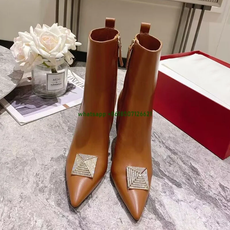 Solid Color Pointed Toe Stiletto Heel Studded Ankle Boots Side Zipper Large Size Women\'s Calf Boots