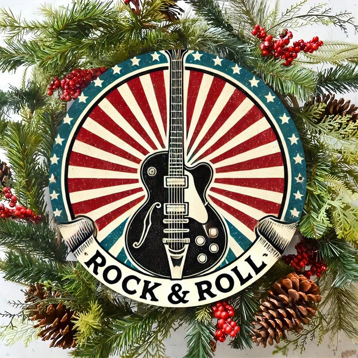 1-Pack Guitar-Themed Round Metal Sign Wreath, Rock & Roll Iron Wall Decor for Home, Bar, Restaurant & Farmhouse | Versatile Circ