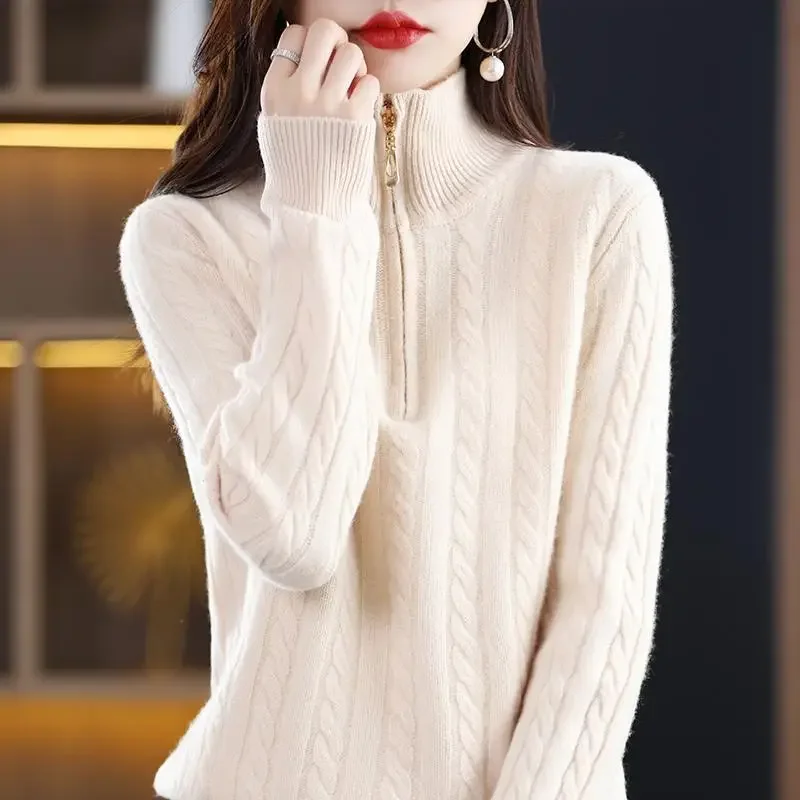 Women\'s Pullover Solid Round Neck Zipper Knit Autumn and Winter Office Lady Long Sleeve Half High Neck Sweater Loose Casual Tops