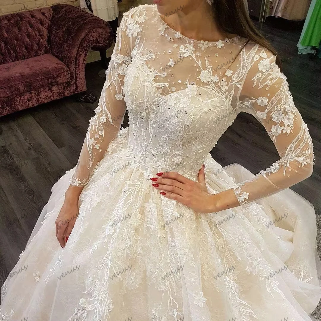 

Glamorous Wedding Dresses Fabulous Bridal Gowns Lace Appliques Full Sleeves Robes For Formal Party Vestidos De Novia Customized