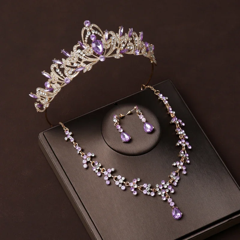 Bridal Headwear Purple-color Classical Style Mysterious Ladies' Noble Bridal Tiara Necklace Earrings 4 Pcs Set