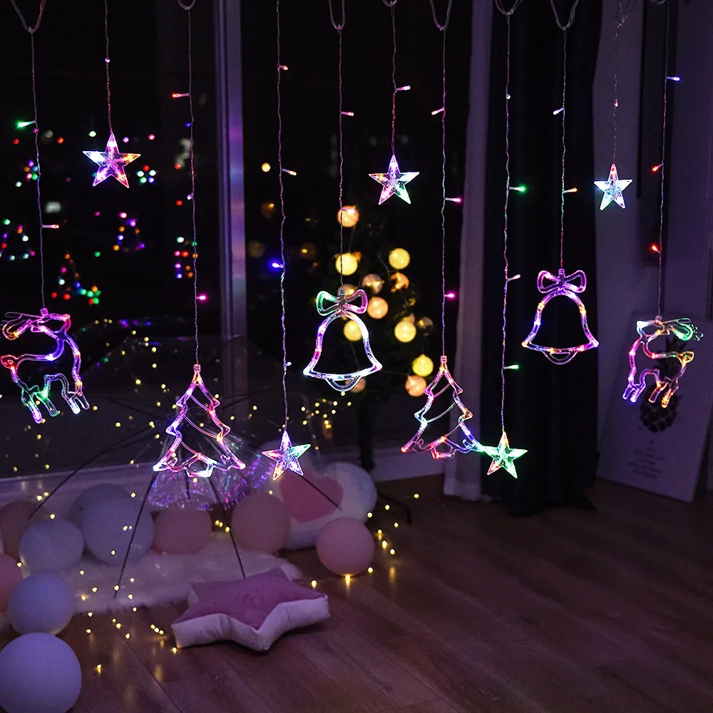 3.5M LED Star Deer Tree Bell 220V 110V  Christmas Garland Fairy Curtain String Lights For Home New Year 2024 Party Decoration