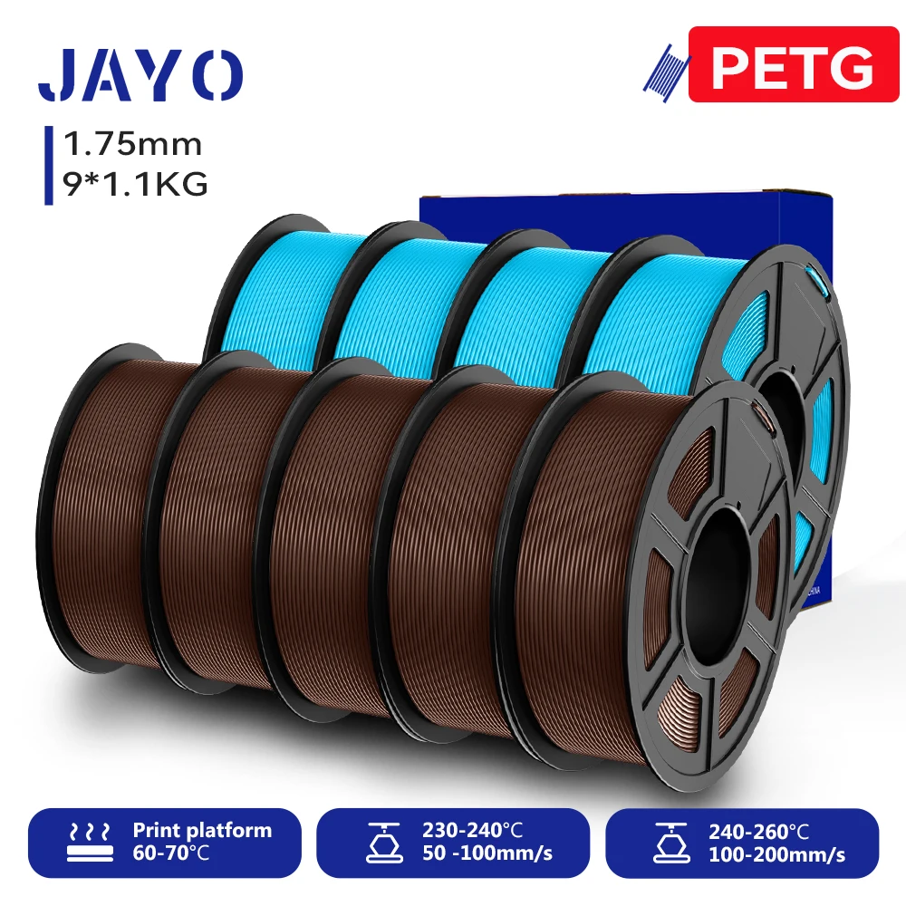 JAYO 9 Rollen 3D PETG/PETG Klares Druckerfilament 1,75 mm ±0,02 mm Hohe Zähigkeit & 100 % ordentlich gewickeltes Filament, passend für 99 % der 3D-FDM-Drucker