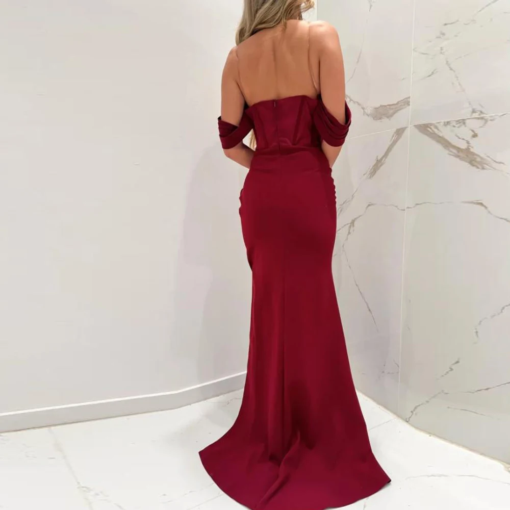 

Вышивка бисером по индивидуальному заказу, платья для выпускного вечера, 2025 г., вечернее платье русалки с открытыми плечами, бордовое атласное платье макси