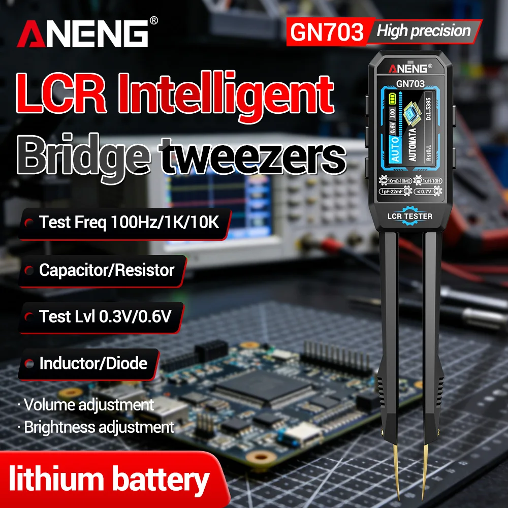 ANENG GN703 LCR Bridge Tweezers Built-in Lithium Battery 100Hz/1K/10K Precision Capacitor Resistor Inductor Diode Tester