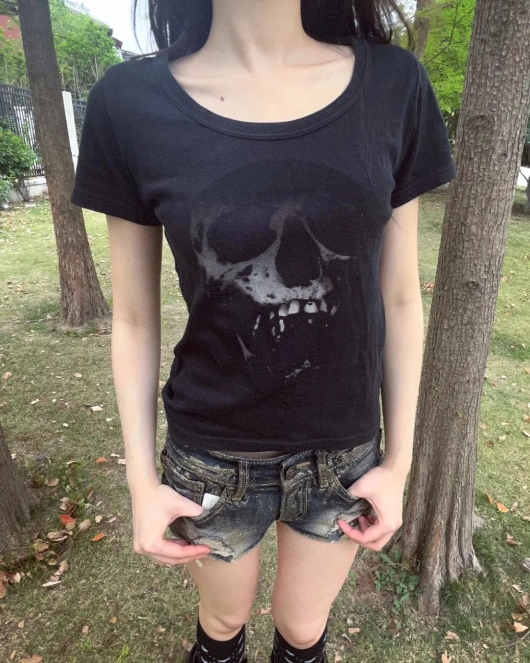 T-shirts Harajuku Shoujo Meisje Esthetische Kleding Gothic Schedel Print T-shirt Leuke Aardbei Grafische Tees Femme Shirt Slim Crop Top