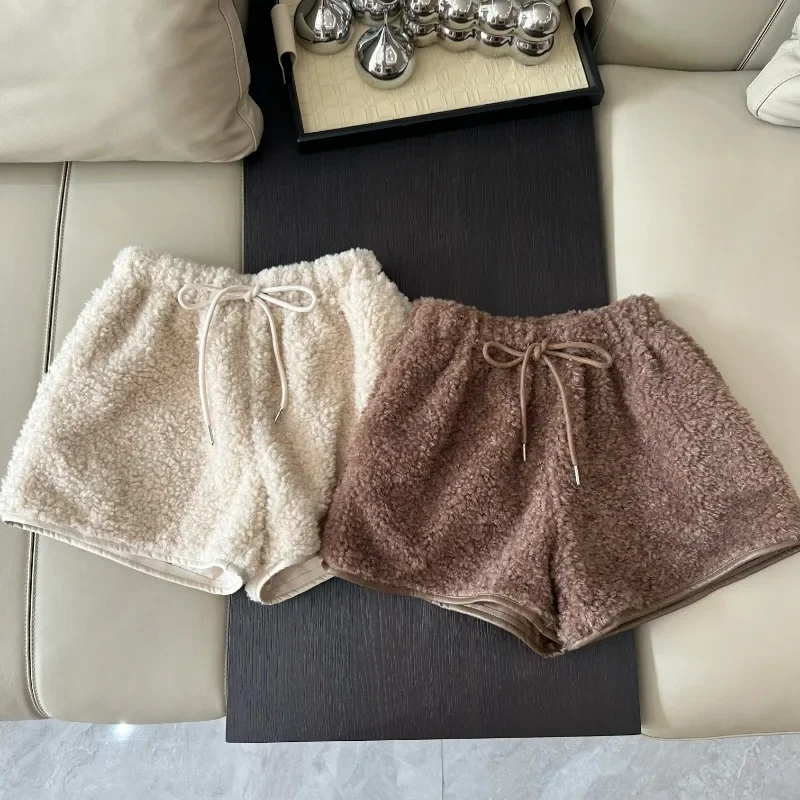

Sweet Hot Girl Casual Elastic Waist Micro Shorts Women's Autumn/winter Lace-up Lamb Wool Wide-leg Shorts Fashion Female Clothes