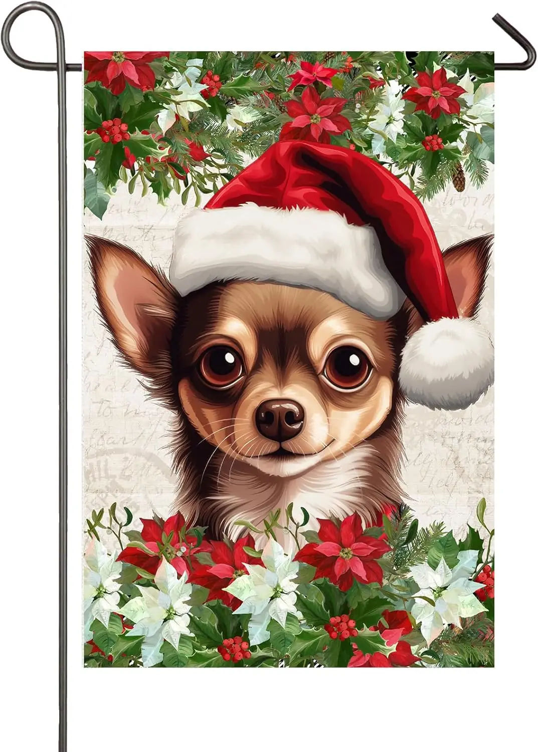 Christmas Chihuahua Dog Garden Flag for Outside 12x18 Inch Double Sided Poinsettia Santa Hat Dog Yard Flags Xmas Winter Holiday