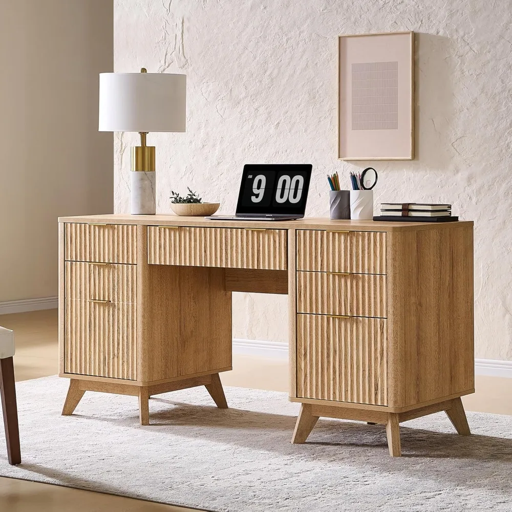 

Fluted Executive Desk with Drawers, 60" Modern Home Office Computer Desk with Charging Station, File Cabinet, Keyboard Tray and