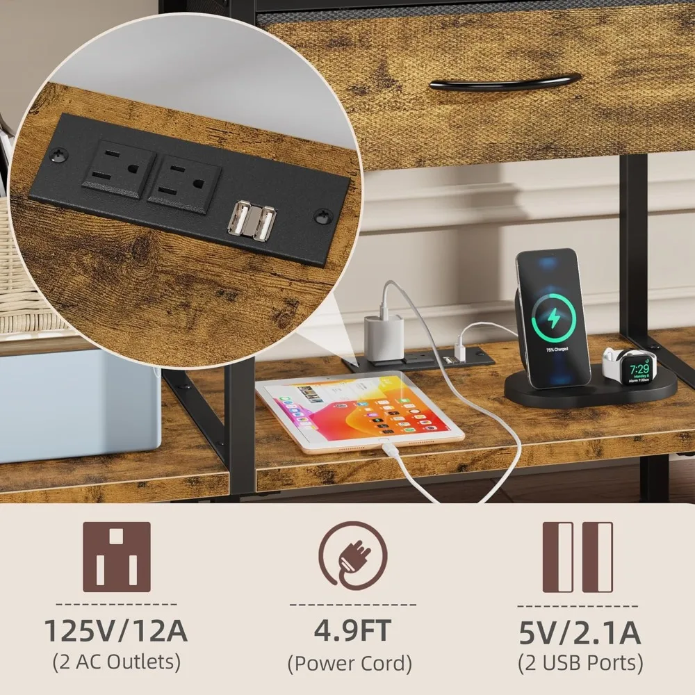 حامل تلفزيون LED مع مخرج طاقة وأضواء RGB - مركز ترفيهي لأجهزة التلفاز مقاس 55-32 بوصة، وحدة تخزين بأدراج قماشية، بني ريفي #3