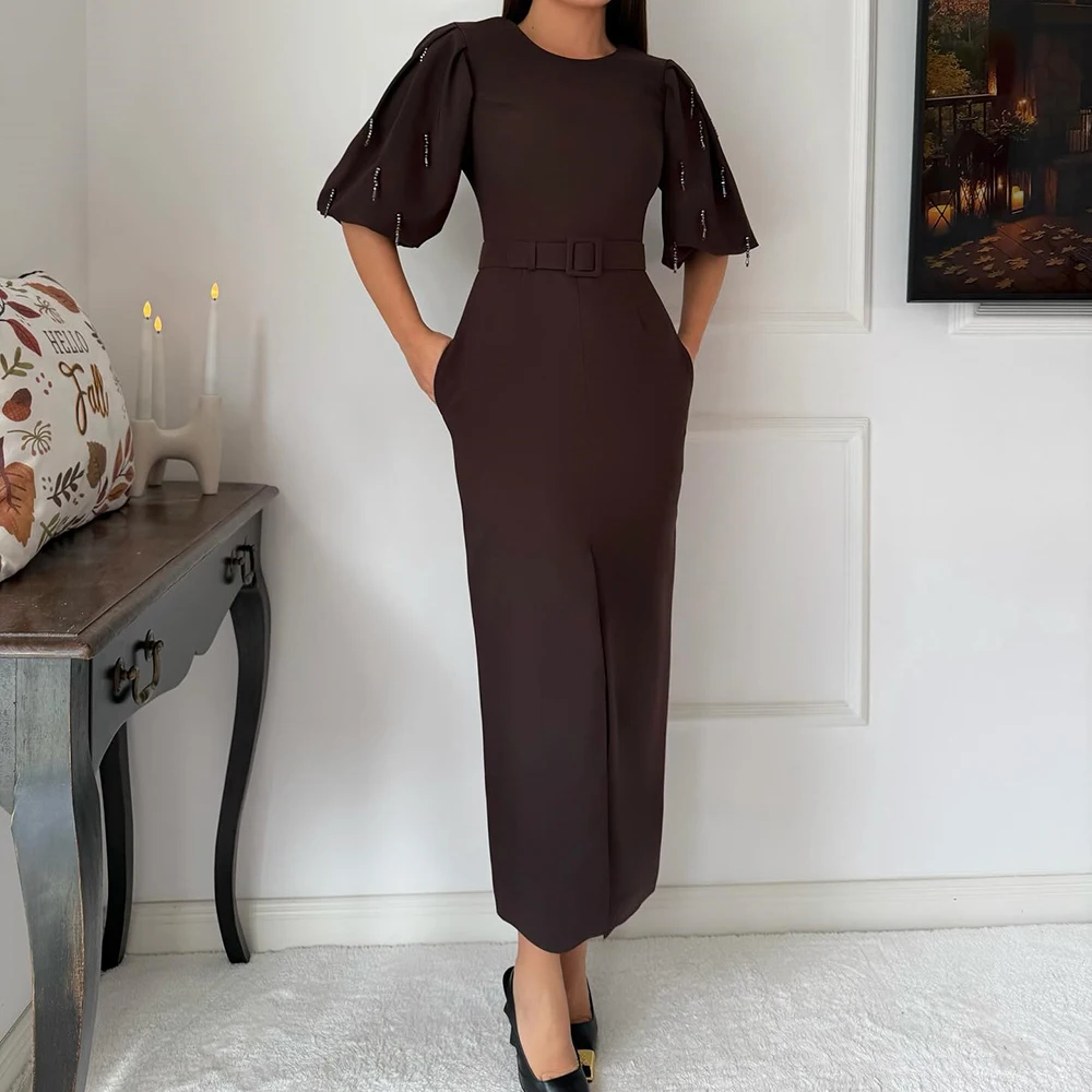 

Прямые вечерние платья по индивидуальному заказу, длиной до пола, с круглым вырезом и половиной рукавов, платье для выпускного вечера, простое модное повседневное вечернее платье с блестками и поясом