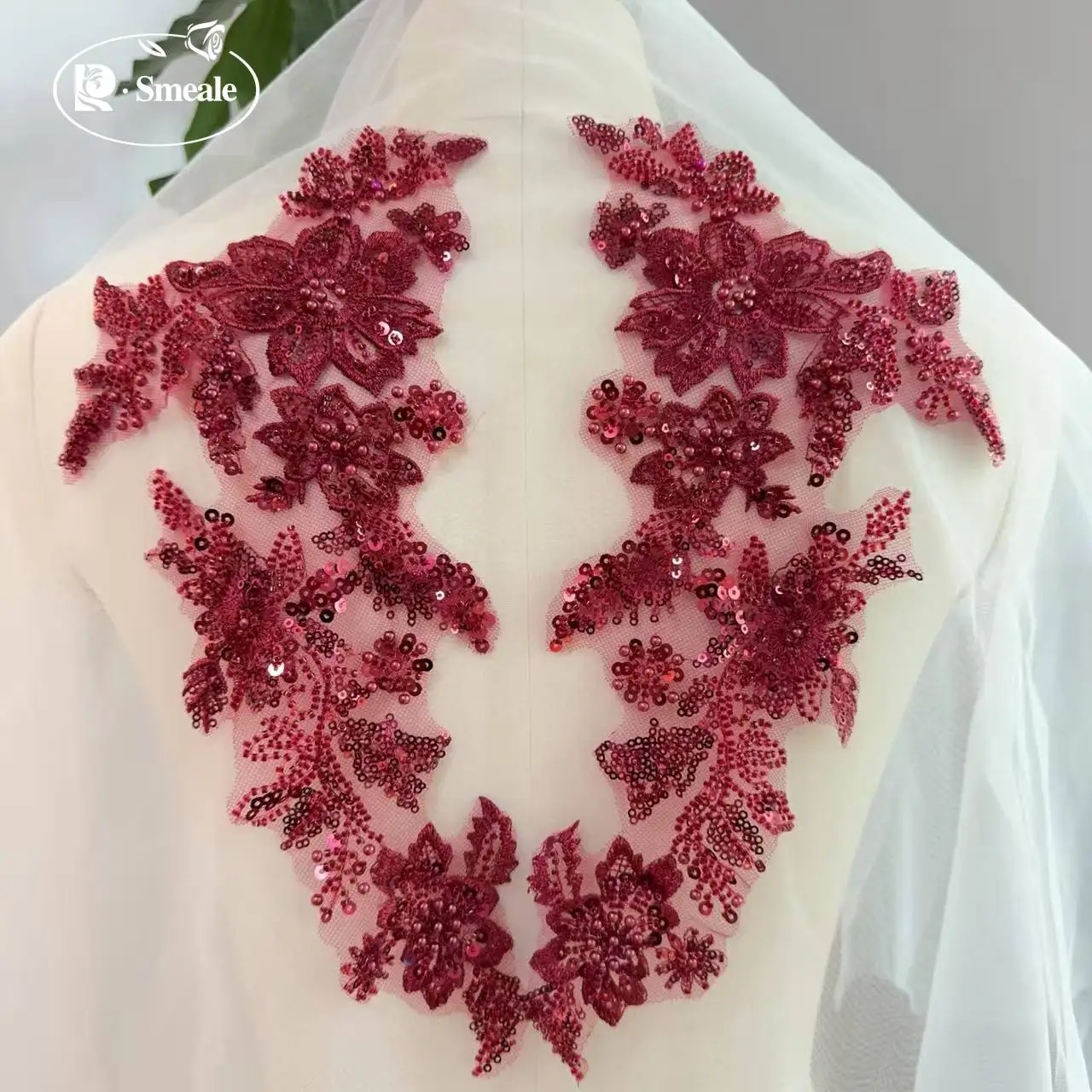 10 Stück/2 Stück. Bestickte Spitze mit mehrfarbigen Perlen, Perlenstickerei, Blumen-Pailletten, handgemachter DIY-Spitzen-Applikations-Patch. – Detail 10