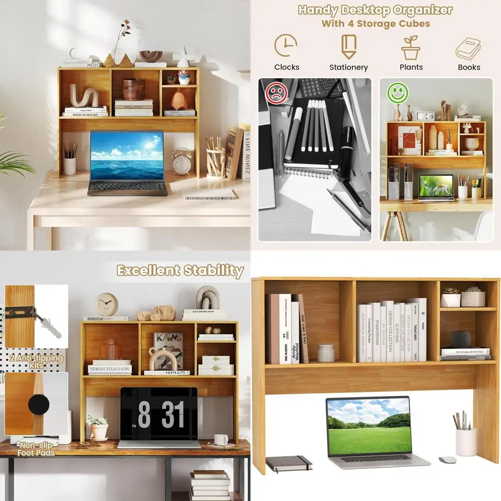 

4-Tier Desktop Storage Hutch for Home Office, Computer Desk Organizer with Shelves in Burlywood Finish