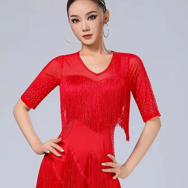 

2026 New Latin dance performance costumes ballroom dance rumba dresses adult performance costumes fringed skirts