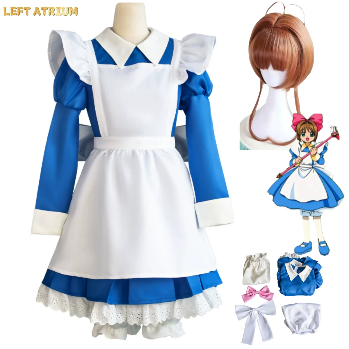

Anime Cardcaptor Sakura Kinomoto Sakura Cosplay Costume Blue-white Maid Outfit Uniform Wig Woman Cute Christmas Party Suit