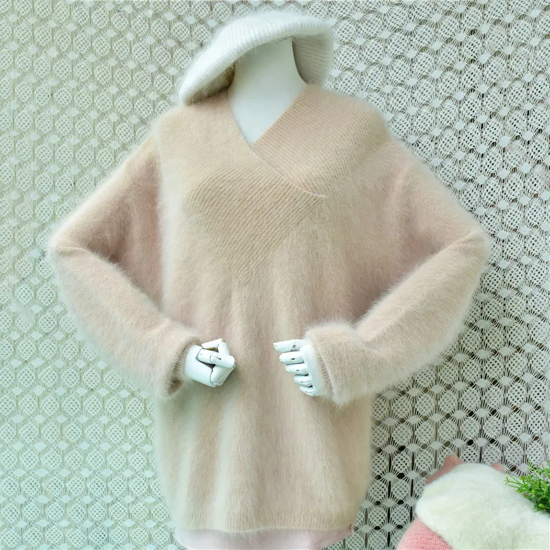Ladies Women Autumn Winter Fashion Hairy Angora Rabbit Hair Knitted V-Neck Long Sleeves Loose Pullover Sweater Jumper Pull Tops