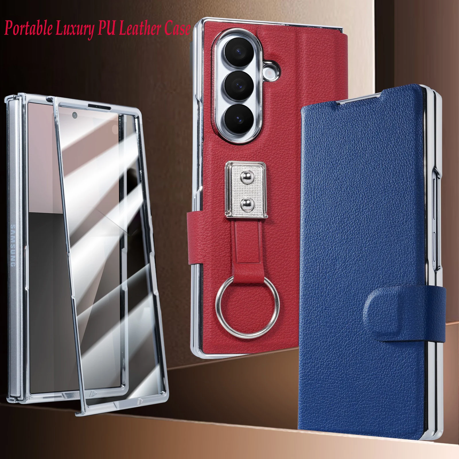 

Портативный роскошный чехол для телефона из искусственной кожи для Samsung Galaxy Z Fold7 6 5 4 3, чехол для карт, кольцо-подставка, защита экрана, противоударный чехол