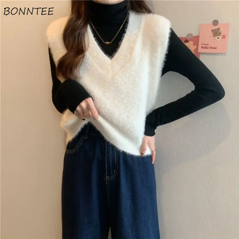 Sweet Sweater Vest Women Knitting Fashion Solid Preppy Style All-match Plush Tops  Vintage Sleeveless Lovely Comfortable