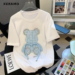 2024 Summer Casual Cartoon Print Round Neck Short Sleeve Loose T-Shirts Women's Fashion Oversized Y2K Patchwork Baggy Tees Tops