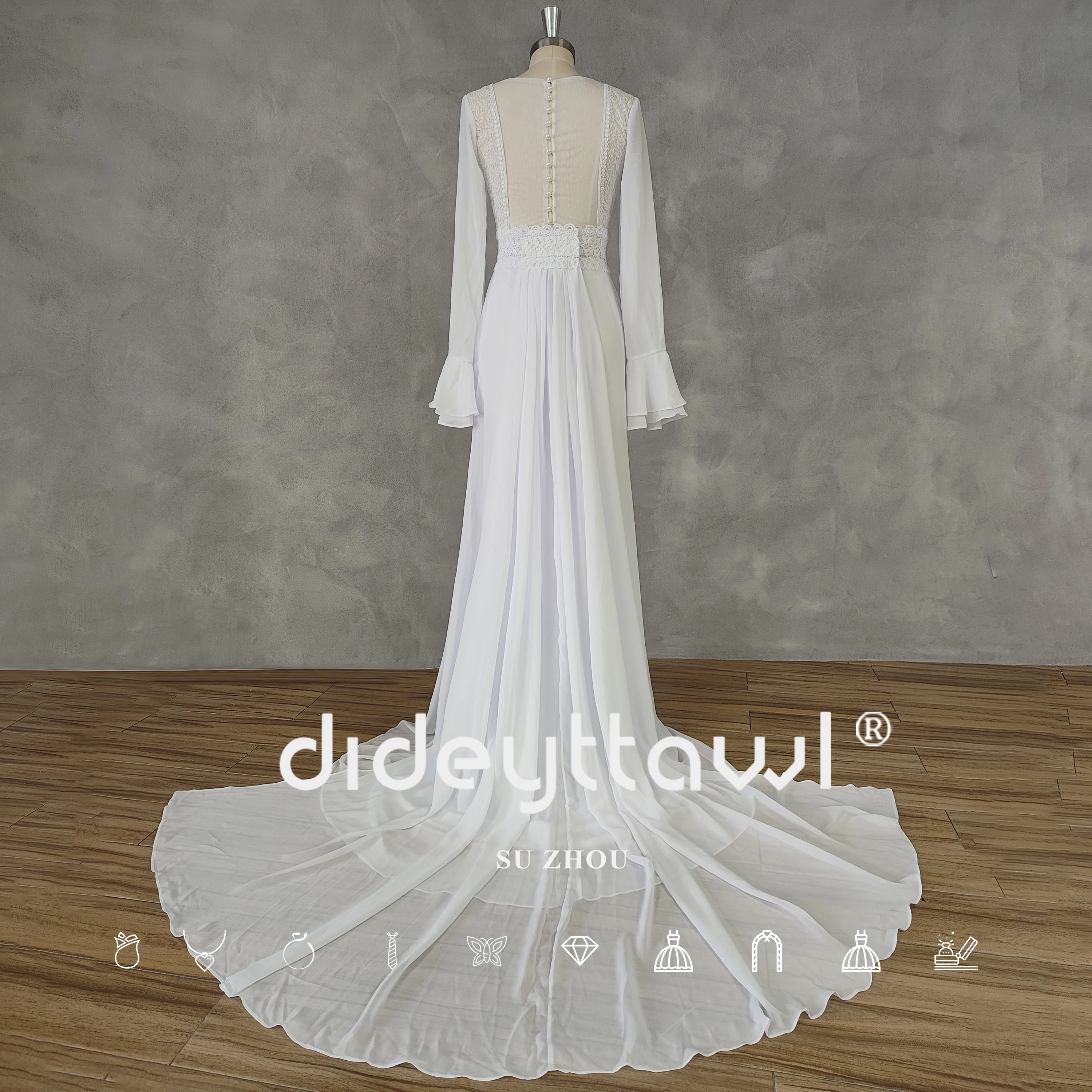 DIDEYTTAWL Real Picture Boho V-Neck Long Flare Sleeves Mermaid Wedding Dress Chiffon Illusion Back Court Train Bridal Gown