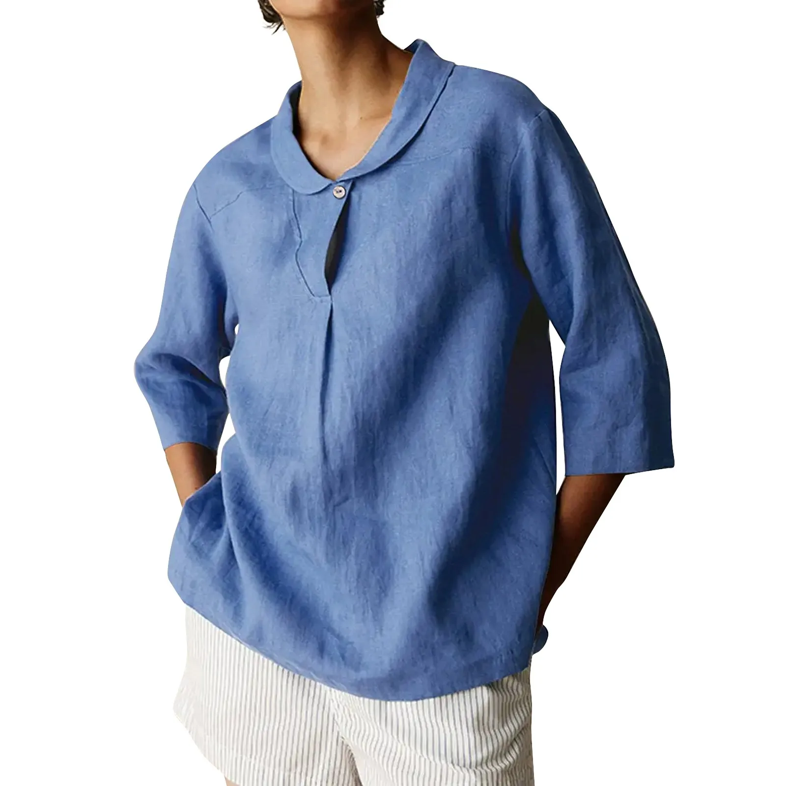 

Women'S V Neck Shirts Solid Color Cotton Linen Loose Casual Mid Length Top Summer Cotton Linen Breathable Minimalist T-Shirt