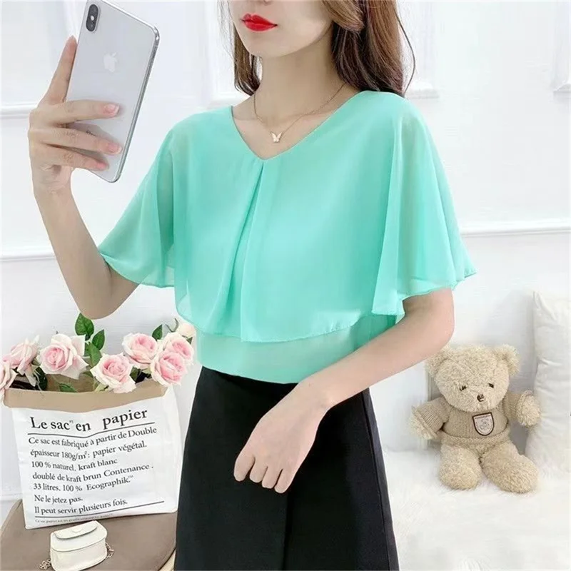 Chiffon Blouse Women 2024 Spring Summer New Korean Version Of the Blouse To Cover The Belly Qi Loose Shirt Show Thin Shirt Tide