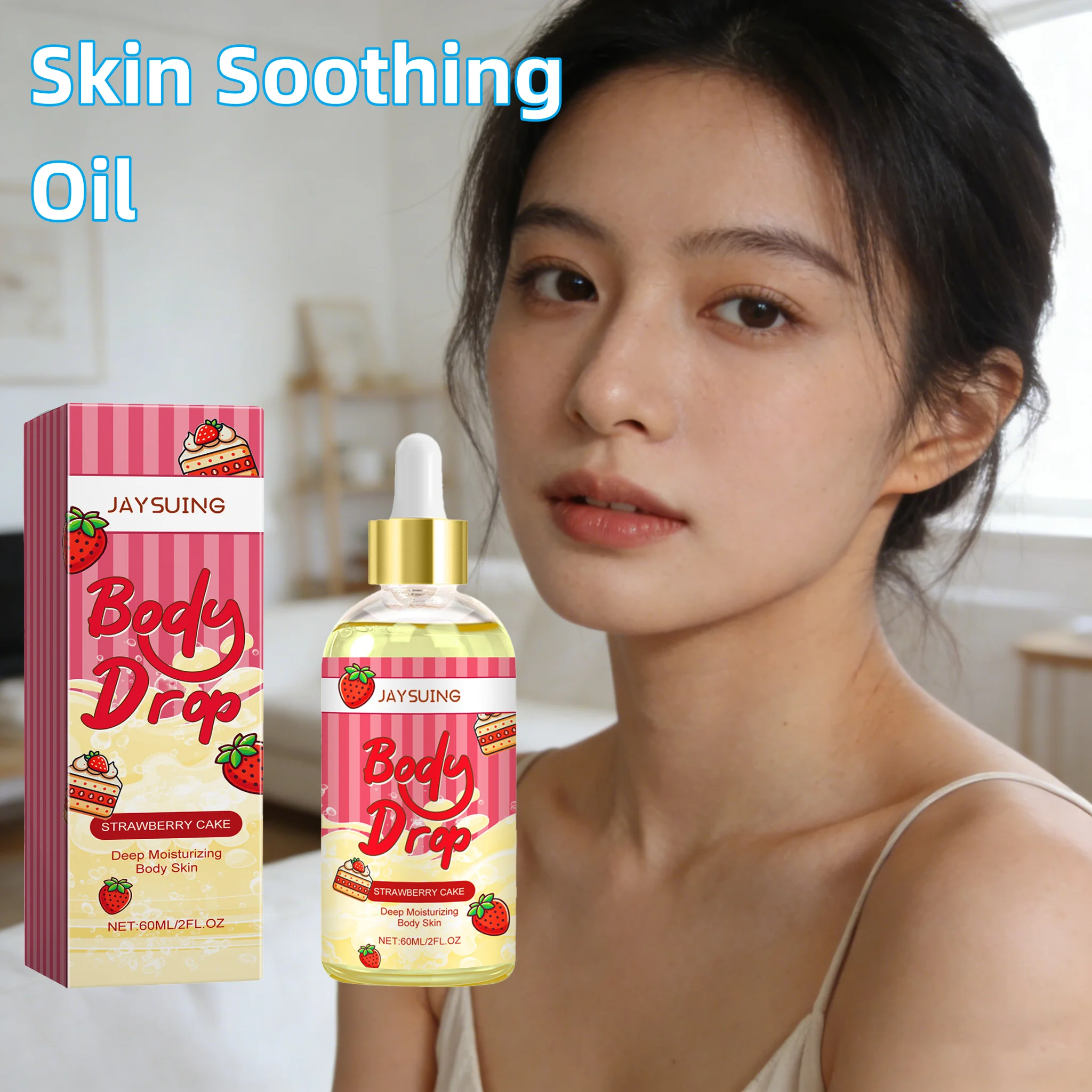 JAYSUING Strawberry Cake Body Oil Deep Hydrate Improve Roughness Brighten Skin Tone Enhance Elasticity Massage Skin Soothing Oil