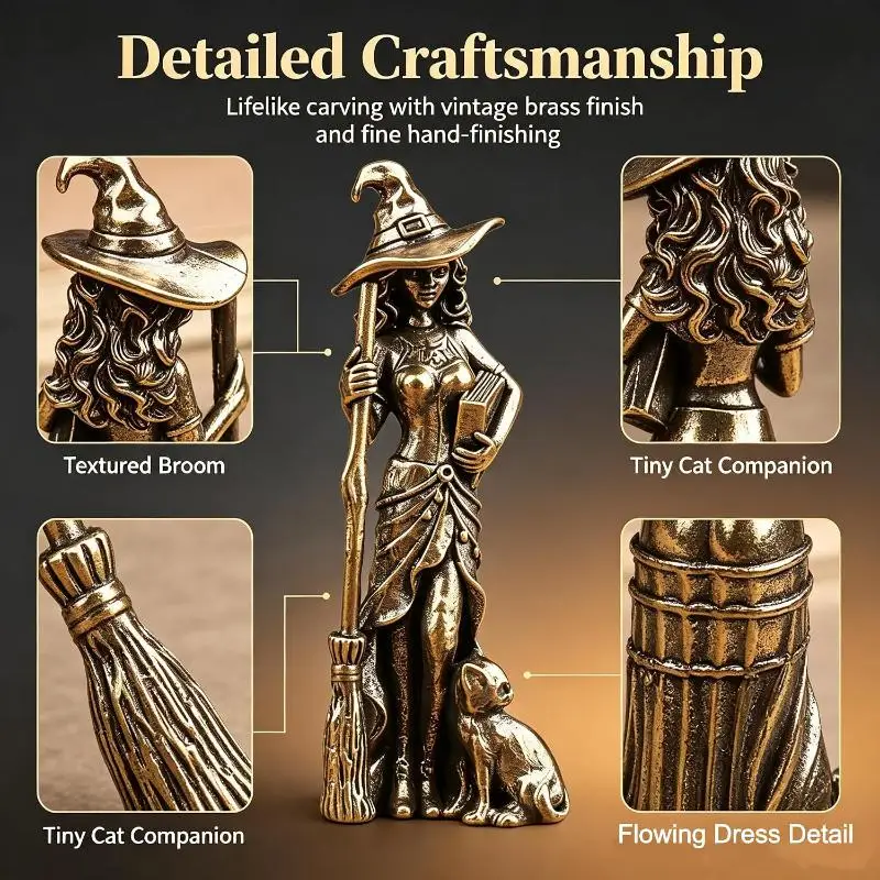 Brass Magic Witch Figurines Miniatures Desktop Ornaments: 2PCS/SET Retro Metal Statue Home Decor Crafts