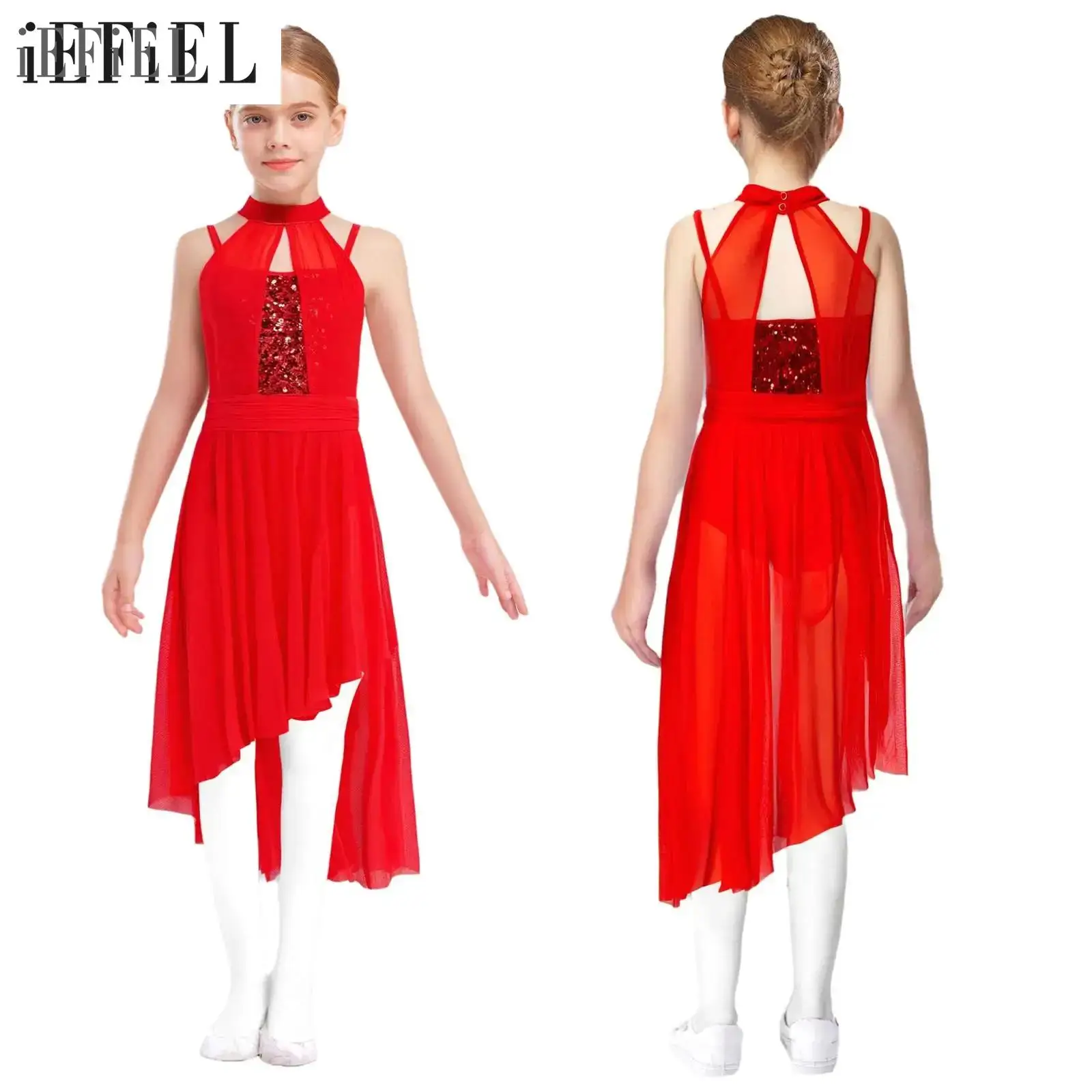 

Детское платье для лирических танцев для девочек, костюм принцессы балерины, лиф без рукавов с блестками, асимметричное прозрачное сетчатое балетное трико, платье