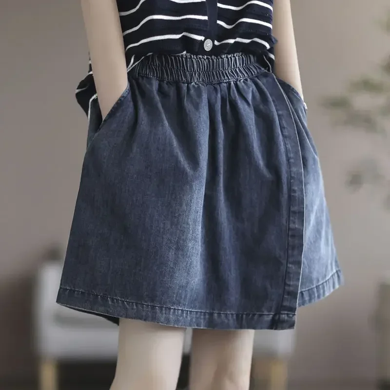 

Women Summer Thin Simplicity Office Lady Solid Color High Waist Denim Shorts Women Clothes Casual All-match Appear Thin Wide Leg