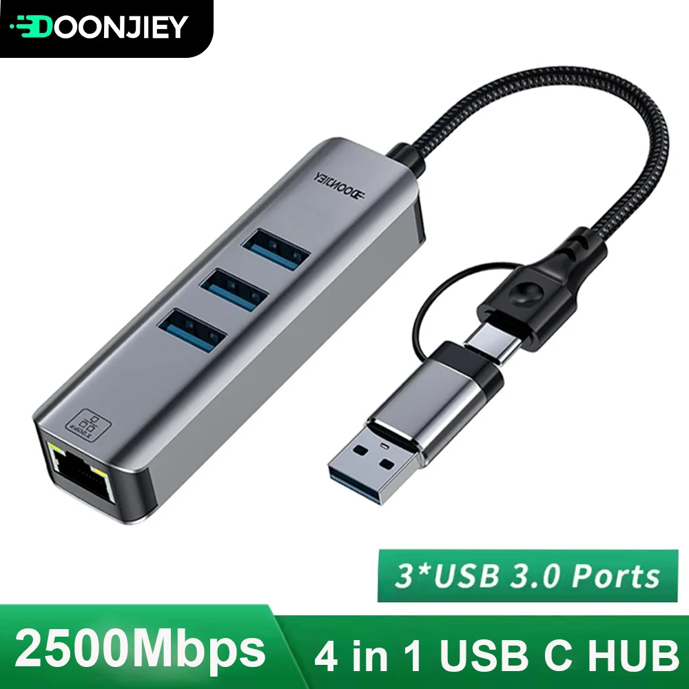 4 in 1 2500Mbps USB 3.0 Type-C To RJ45 Network Card HUB 2.5G Ethernet Adapter Converter Lan Hub For PC Laptop Windows 8.1/10/11