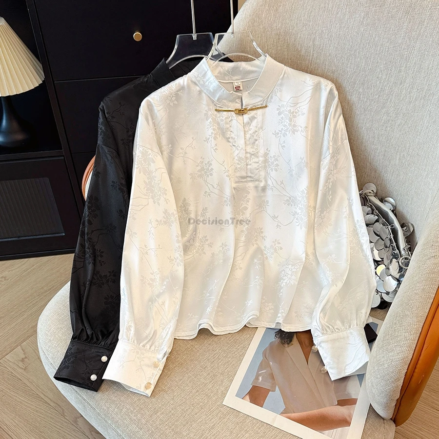 

2025 новая улучшенная блузка ханьфу в китайском ретро-стиле с воротником-стойкой и длинными рукавами, свободная элегантная повседневная одежда, женский костюм Тан, блузка t001